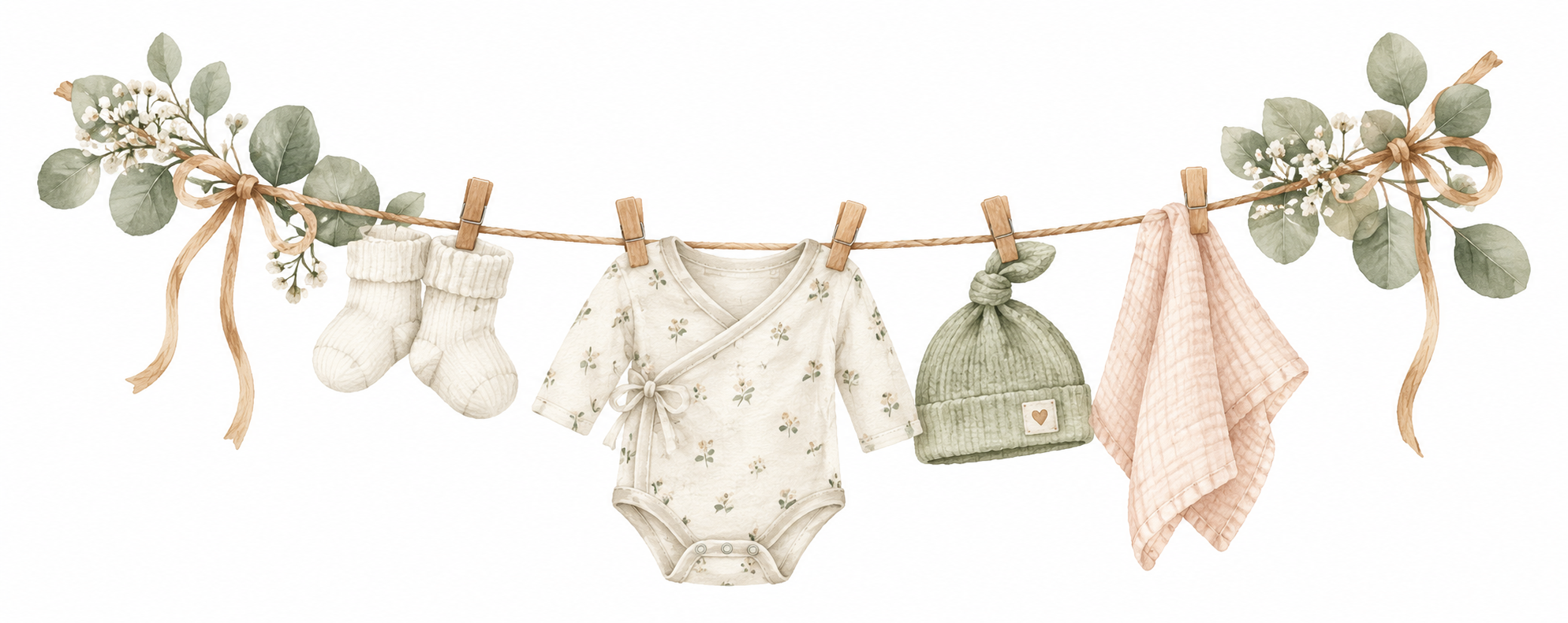 Watercolor baby clothes hanging from a clothesline with eucalyptus leaves